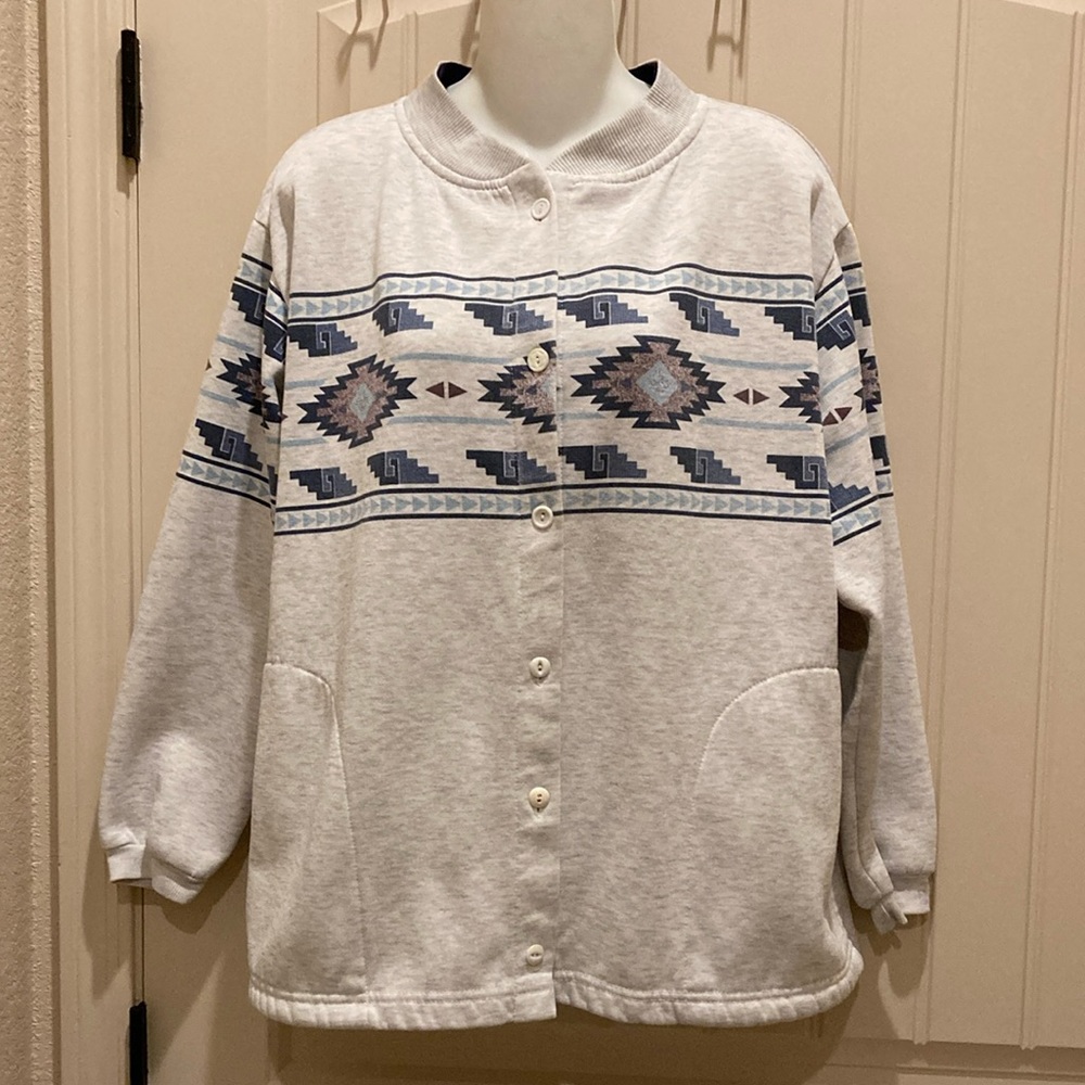 Vintage Aztec Geometric Print Women’s Button Up Cardigan Sweatshirt Sweater Gray